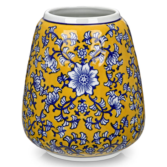 Hollyone Blue and Yellow Porcelain Vase Chinoiserie Floral Vases Large Vintage Tall Blue Ceramic Vase for Home Mantle Shelf Living Room Table Centerpieces Decor, 7 Inch