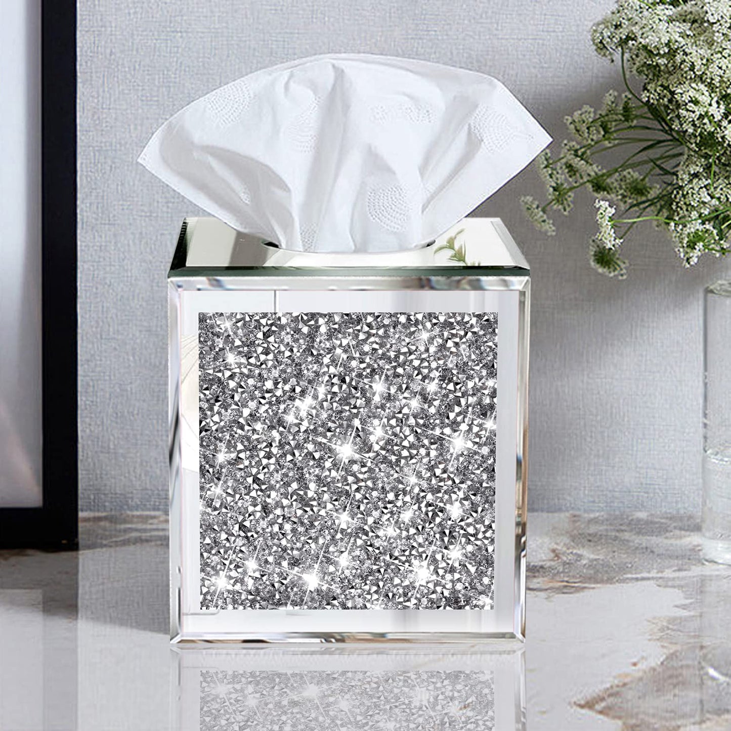 Wocred Square Mirrored Tissue Box Cover,Crystal Crushed Diamond Tissue Box,Silver Luxury Tissue Holders for Either Tissues in a Bathroom or Napkins on a Table.(5.5”x5.5”x5.5”)