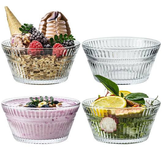 JGKYLDZ Vintage Glass Dessert Bowls, 11oz Sundae ice cream Bowl, Thickened Lead-Free Glass Bowls for Ice Cream, Fruit, Yogurt, Oat, Pudding, Appetizers & Party Snacks (4)