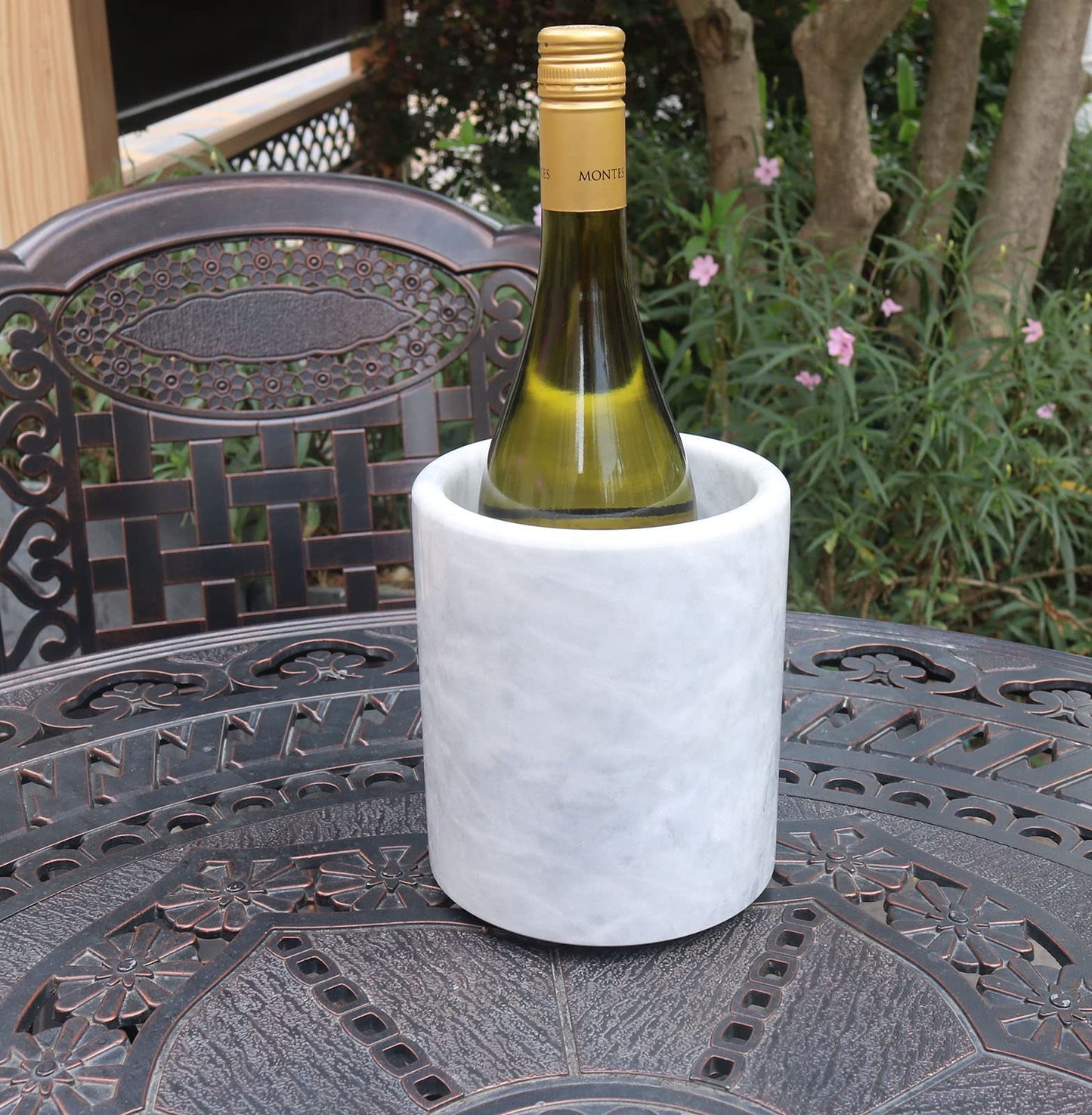 HillSpring Large Marble Kitchen Utensil Holder for Countertop, Tool Organizer with Protective Padded Base, Farmhouse Decor Gift, Wine Chiller Bucket, 6.4", Grey