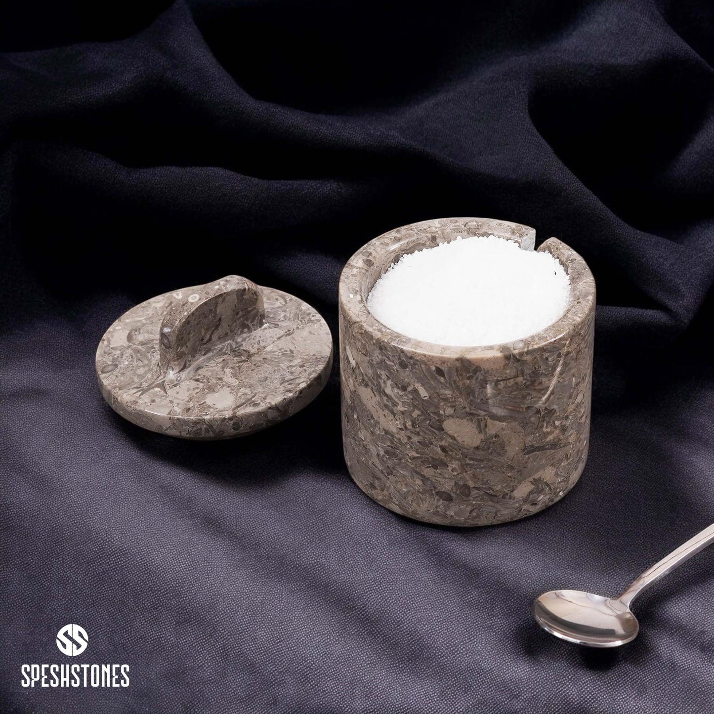 SPESHSTONES Marble Salt Cellar Handmade 4 Inch Salt Containers for Countertop - 5.2 Oz Salt Holder, Marble Sugar Bowl with Lid and Spoon, Spice Jars for Seasoning Container, Stone Salt Box