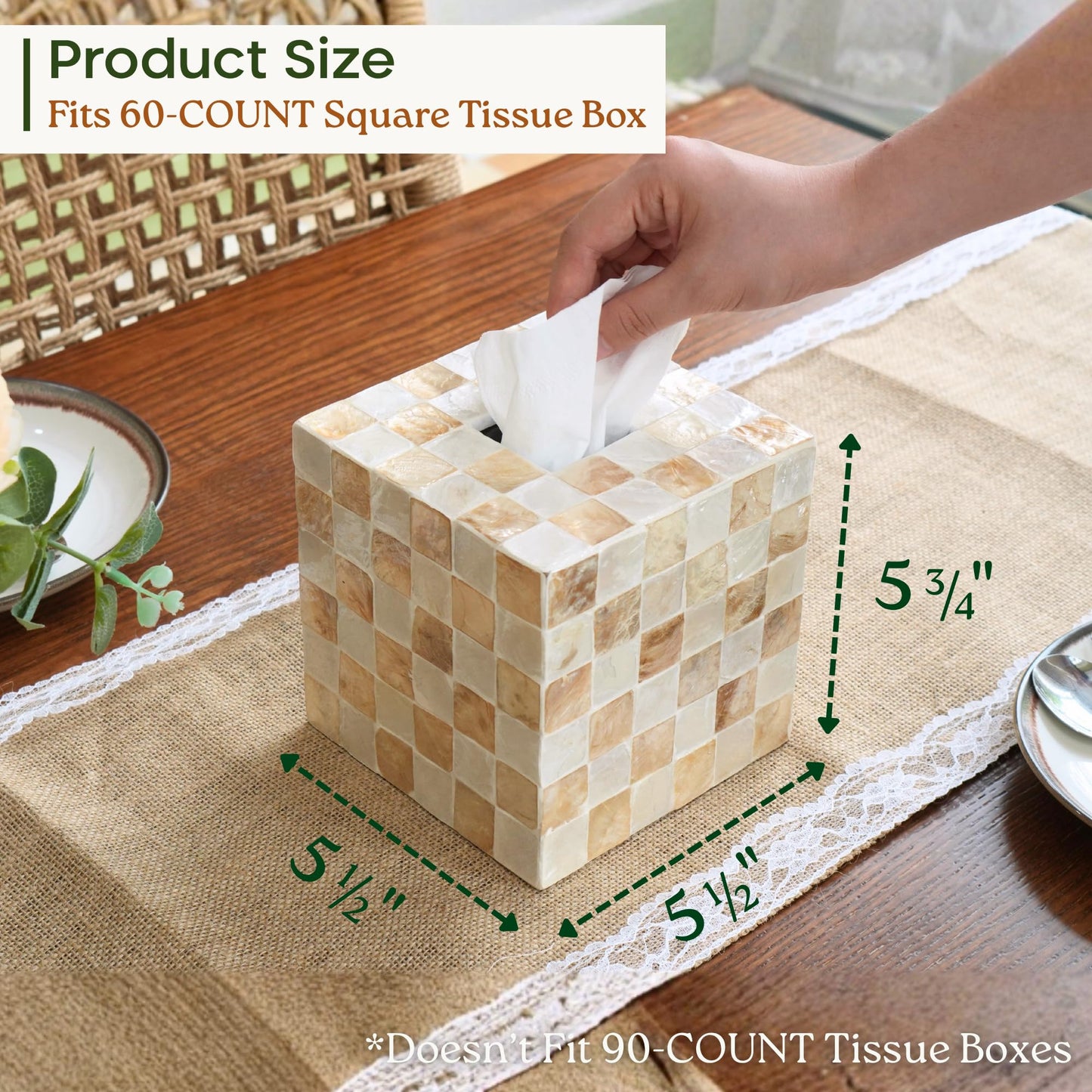 CHI AN HOME 5.5” Square Tissue Box Cover, Capiz Shells Cube Tissue Box Holder with Bottom Slider, Checkered Tissue Box Cover Mother of Pearl Decorative Tissue Holder for Bathroom Vanity, Office, Ivory