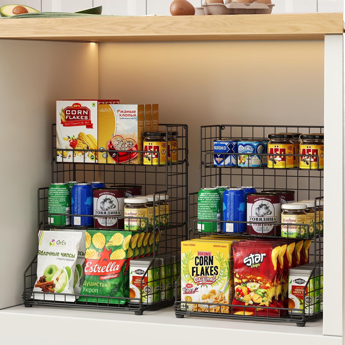 X-cosrack 3-Tier Snack Organizer Rack Bins with Adjustable Tilting Design for Pantry Storage,Metal Wire Snack Holder for Kitchen Bathroom Cabinets Countertops
