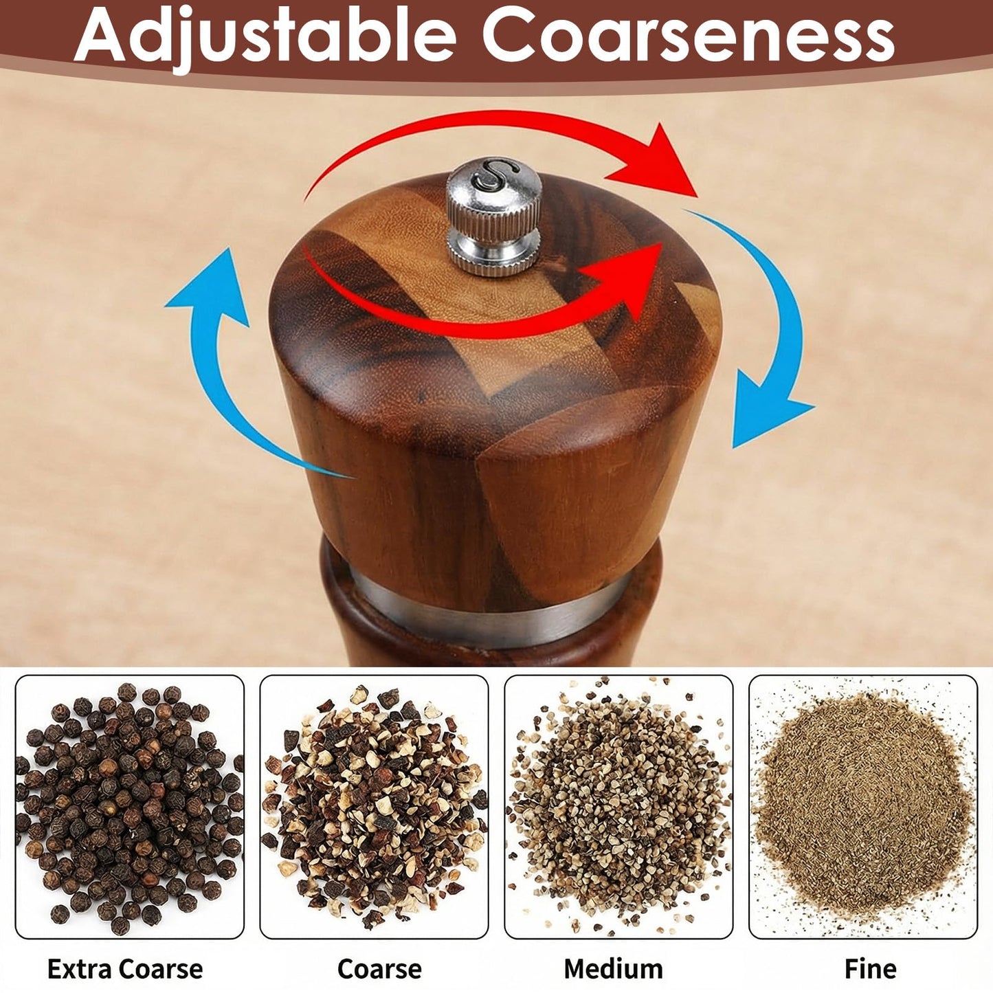 Ckhoid 2Pcs Wooden Salt and Pepper Grinder Set, Manual Pepper Grinder with Ceramic Core, Adjustable Coarseness, Along with Salt&Pepper Mill Tray, Spoon (8.7 Inch)