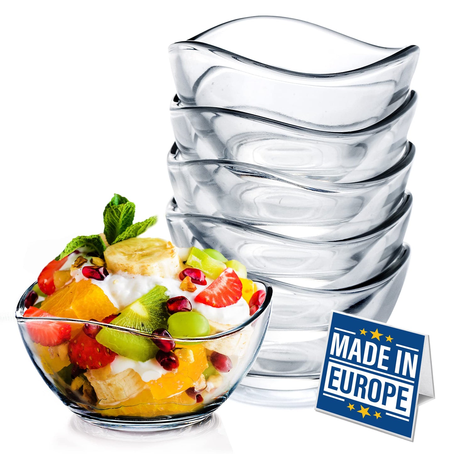 Volarium CRYSTALIA Small Glass Bowls for Kitchen Prep, Modern Round Serving Dishes for Dessert, Salad, Fruit, Pudding, Candy, Cereal, Ice Cream, Stackable Bowls Set of 6 (Medium 7 1/4 oz)