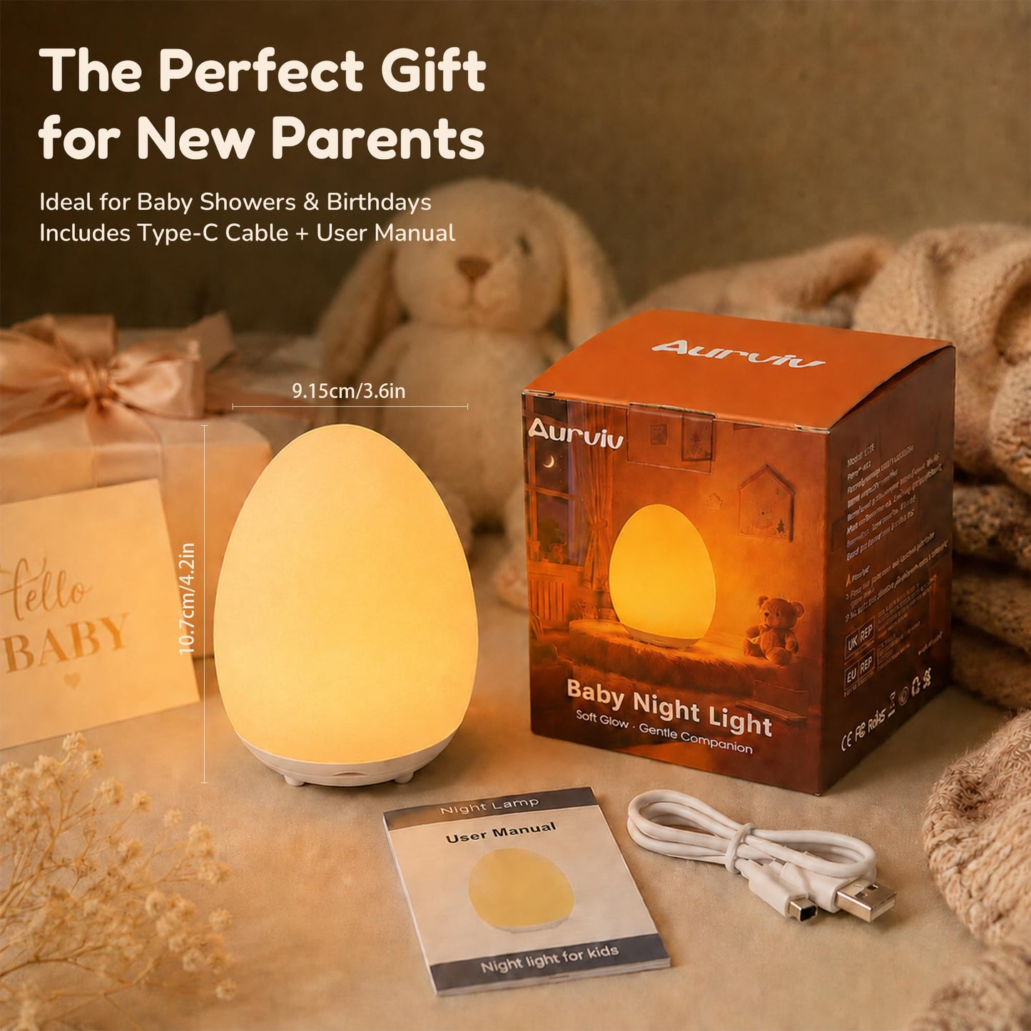Aurviv Egg Night Light for Kids, Soft Silicone Baby Egg Light for Nursery