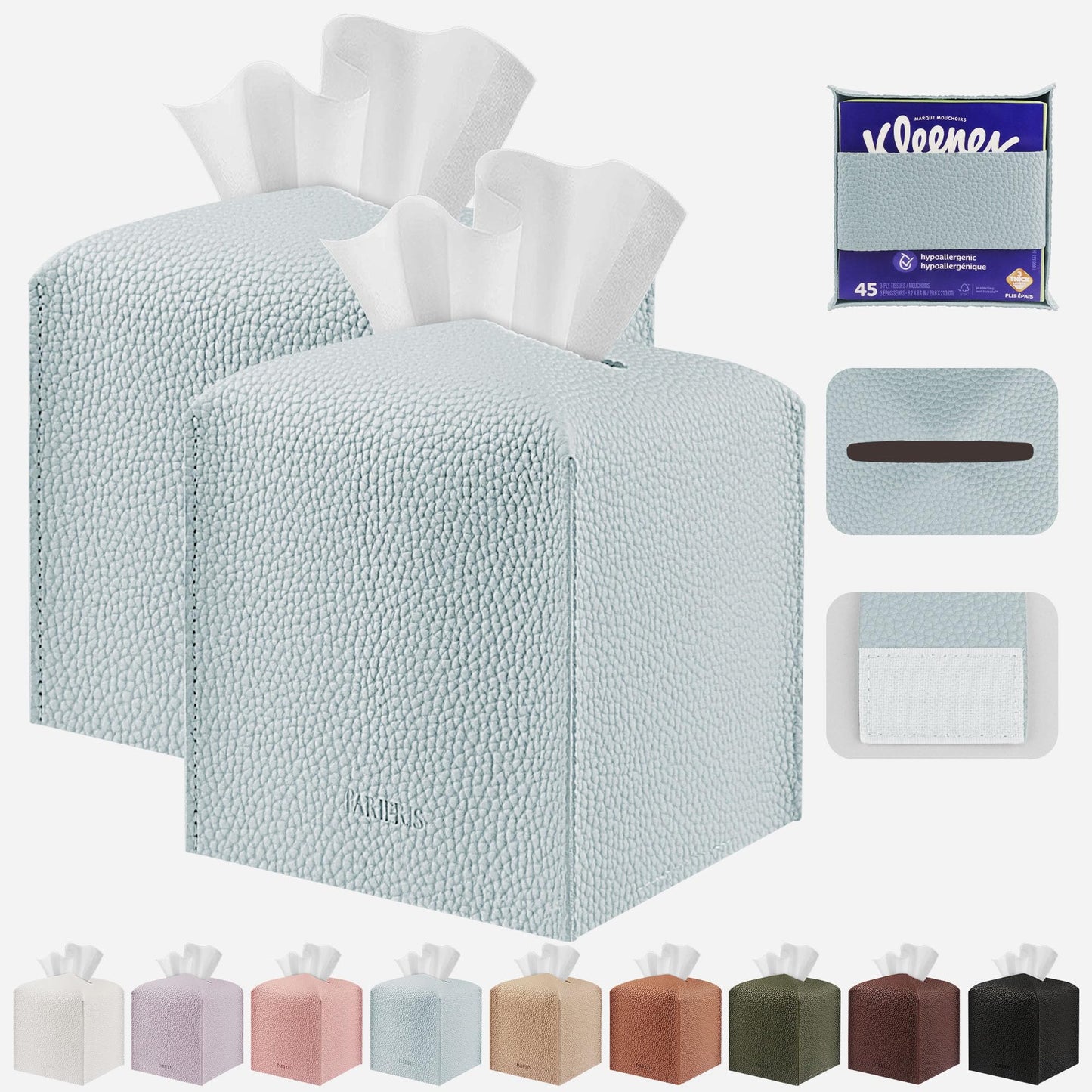 PARIERIS Tissue Box Cover Holder Square Tissue Cube Cover PU Leather Tissue Organizer with Bottom Belt for Bathroom, Tabletop, Car, Night Stands, Office, Home, Kitchen (2, Blue)