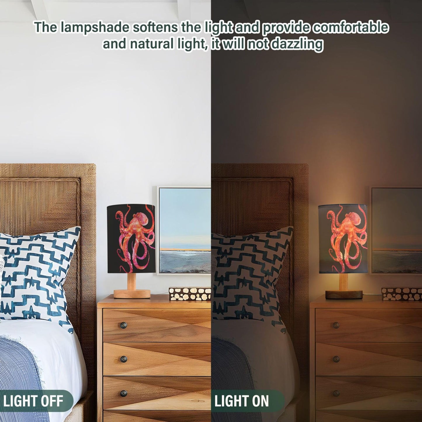 YYZZH Watercolor Red Pink Octopus with Tentacle Marine Animal Sea Life Table Lamp with Wood Base Fabric Lamp Shade Bedside Nightstand Desk Lamp for Living Room Bedroom Kids Room Office