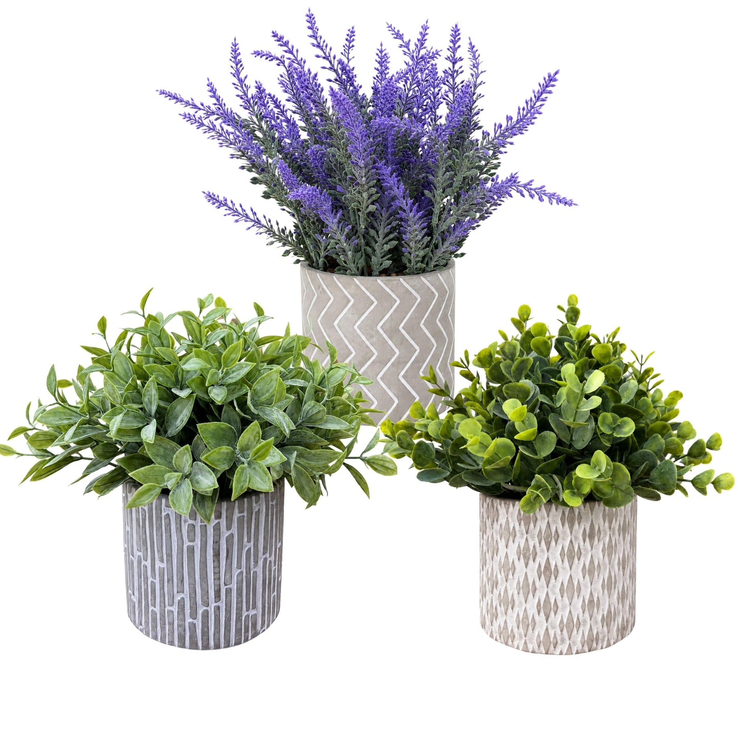 JOLLYMER Set of 3 Artificial Potted Plants, Faux Eucalyptus Lavender and Tea Tree Greenery in Cement Pots, Small Fake Plants for Shelf Bathroom Office Desk Decor
