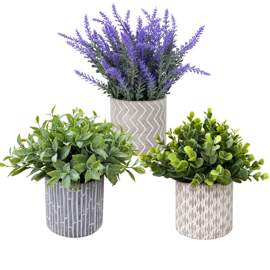 JOLLYMER Set of 3 Artificial Potted Plants, Faux Eucalyptus Lavender and Tea Tree Greenery in Cement Pots, Small Fake Plants for Shelf Bathroom Office Desk Decor