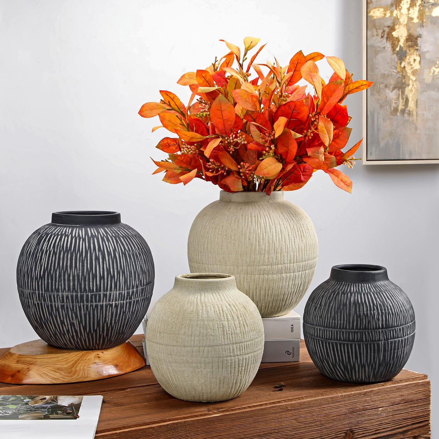 9" Large Rustic Vase with Linear Sculpture and Rich Sand Texture, Round Ceramic Vase with Wide Belly for Space Filling Decor, Retro Style & Beige White