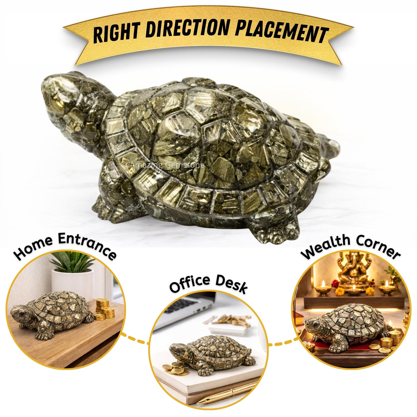 Amazing Gemstone Natural Pyrite Tortoise Turtle Figurine | Feng Shui Wealth & Good Luck Turtle | Prosperity & Positive Energy Crystal Healing Home Decor Gift