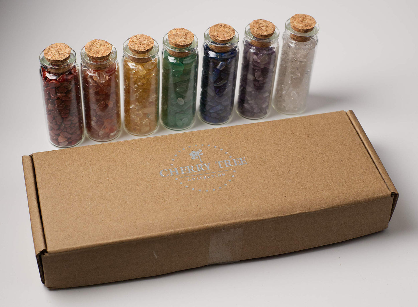 Cherry Tree Collection Crystals and Healing Stones Chakra Set - Mini Glass Bottles with Gemstone Chips - 7 Chakra Stones - Real Rocks and Crystals