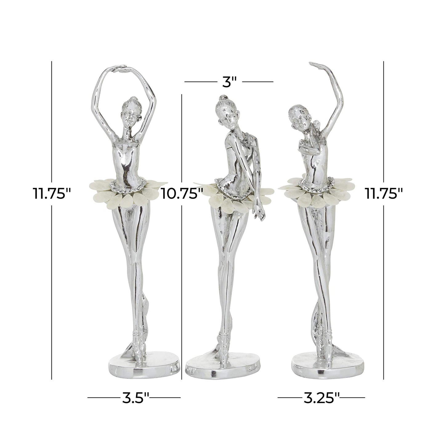 Deco 79 Polystone Dancer Decorative Sculpture Home Decor Statues with Capiz Inlay, Set of 3 Accent Figurines 12", 12", 11"H, Silver