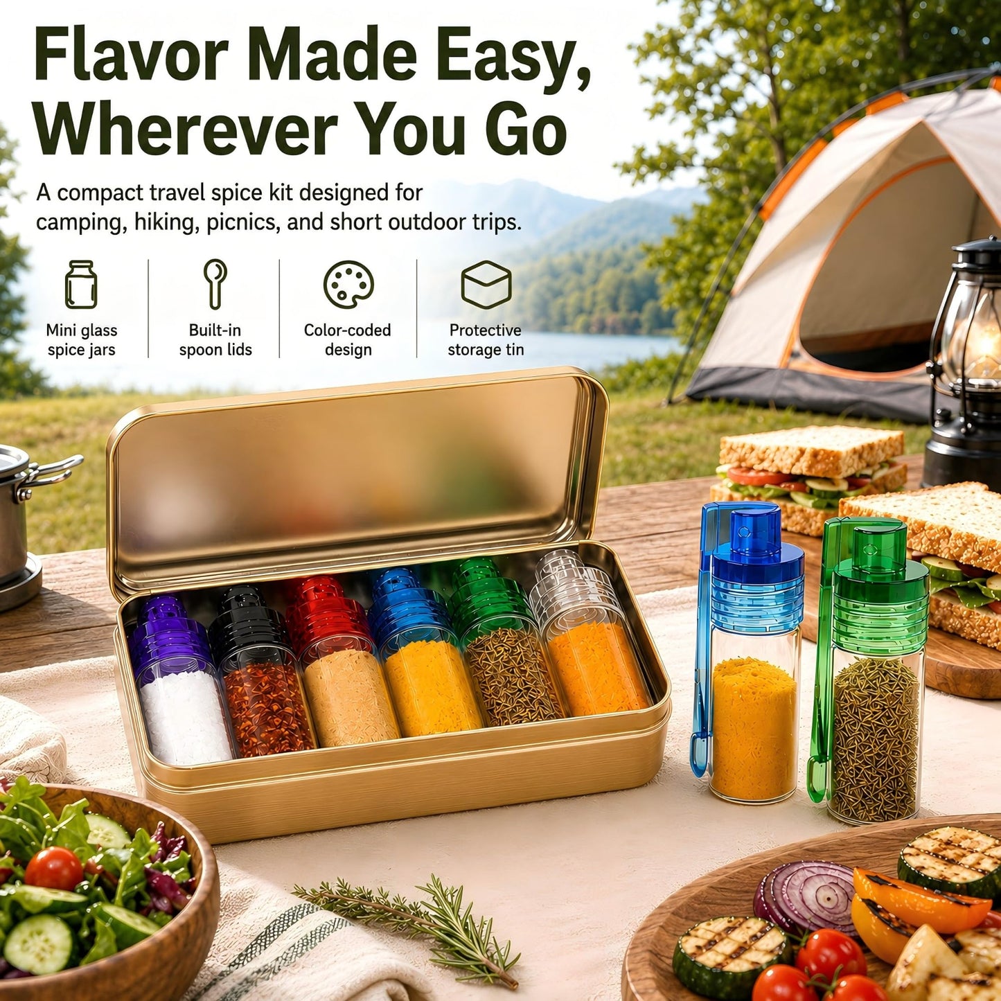 6 PCS Mini Spice Containers with Spoon, Portable Leak Proof Airtight Seasoning Set for Camping, Backpacking, BBQ, RV, Kitchen and Outdoor Cooking (12-Piece Set)