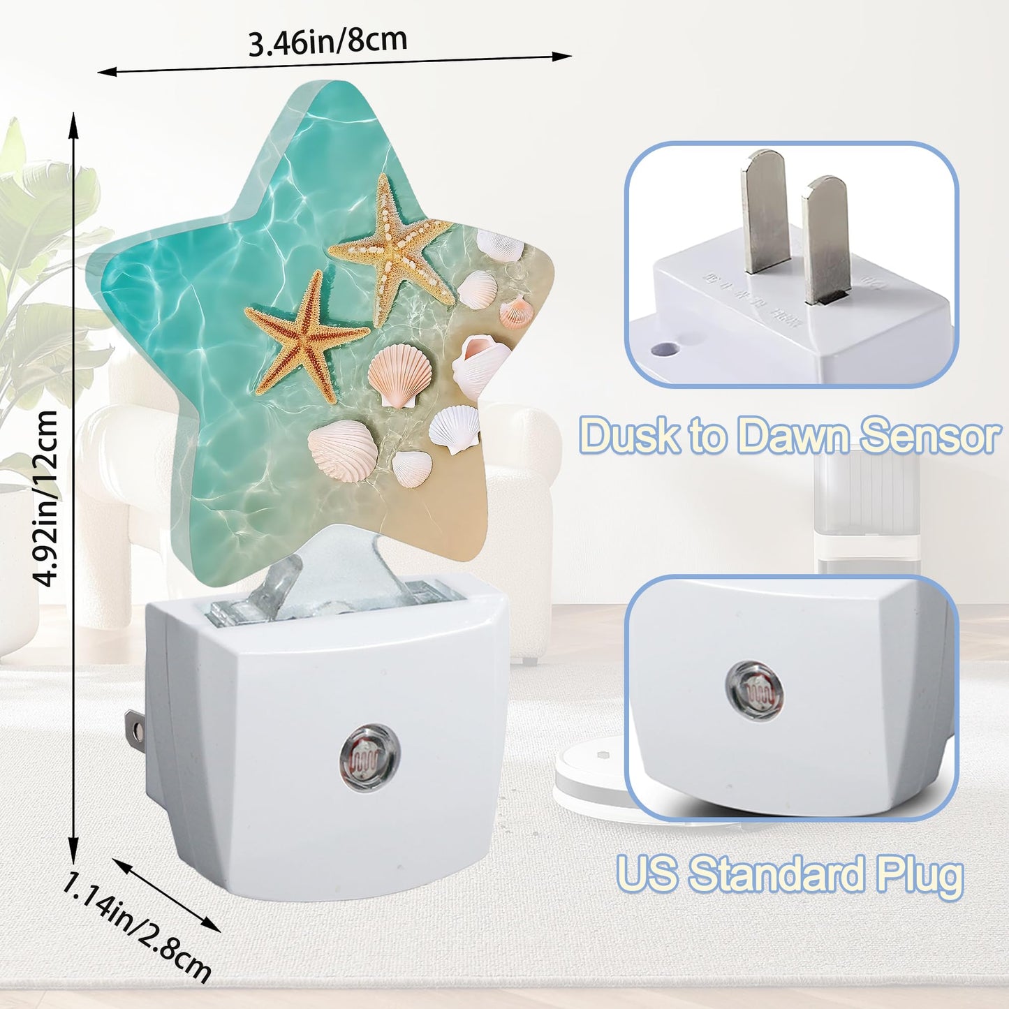 Night Light,Beach Starfish Shell Plug into Wall with Dusk to Dawn Light Sensors,Coastal Summer Warm Star Nightlights for Bedroom,Bathroom,Hallway,Kitchen Home Decor Desk Lamp