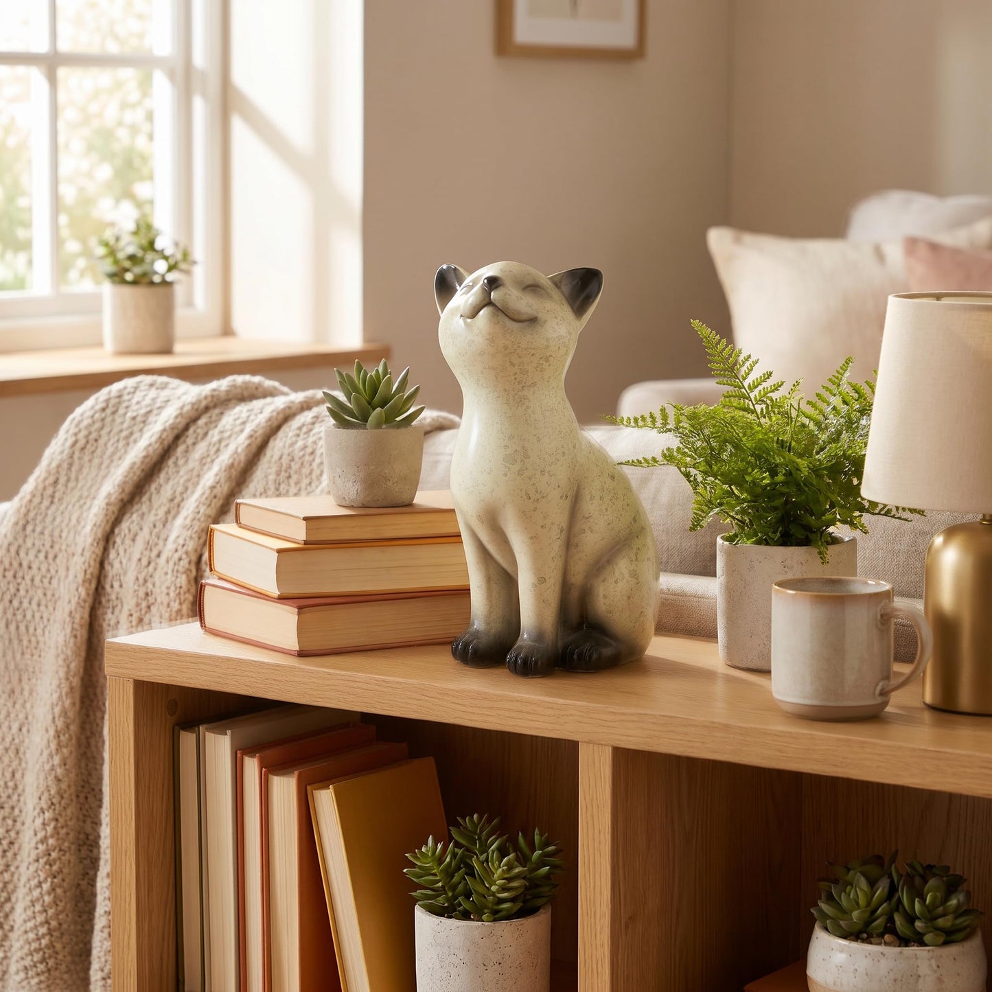 Speckled Resin Cat Figurine, Glossy Sitting Cat Statue, Cream and Black Decorative Cat Sculpture for Bookshelf, Desk, Shelf, Tabletop, Living Room, Office, Bedroom Decor, Gift for Cat Lovers (Cat)