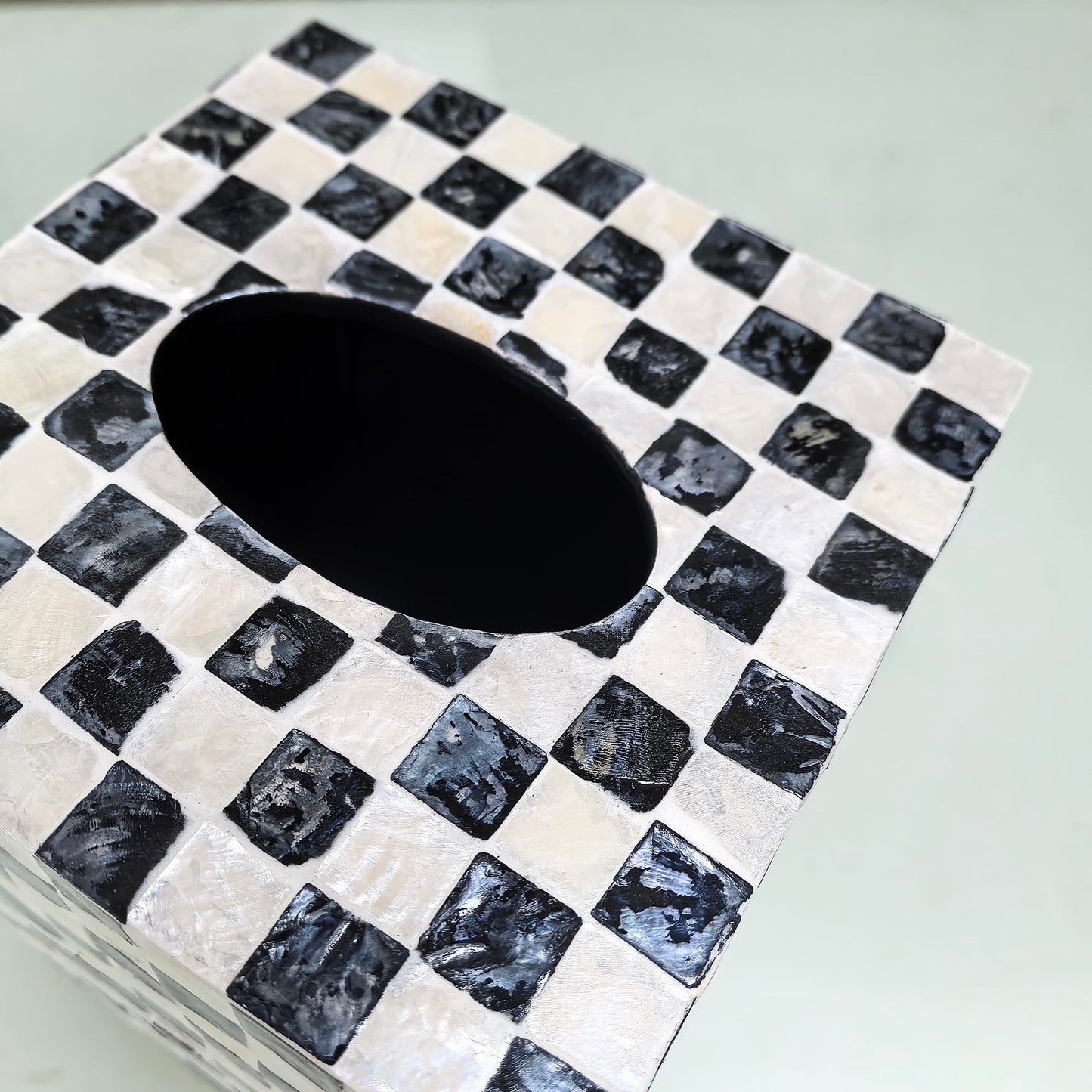 Chicapica 5.9" Square Mother of Pearl Tissue Box Cover – Black & White Checkered Decorative Cube – Handcrafted Mosaic Tissue Holder for Bathroom Vanity, Bedroom, and Home Office