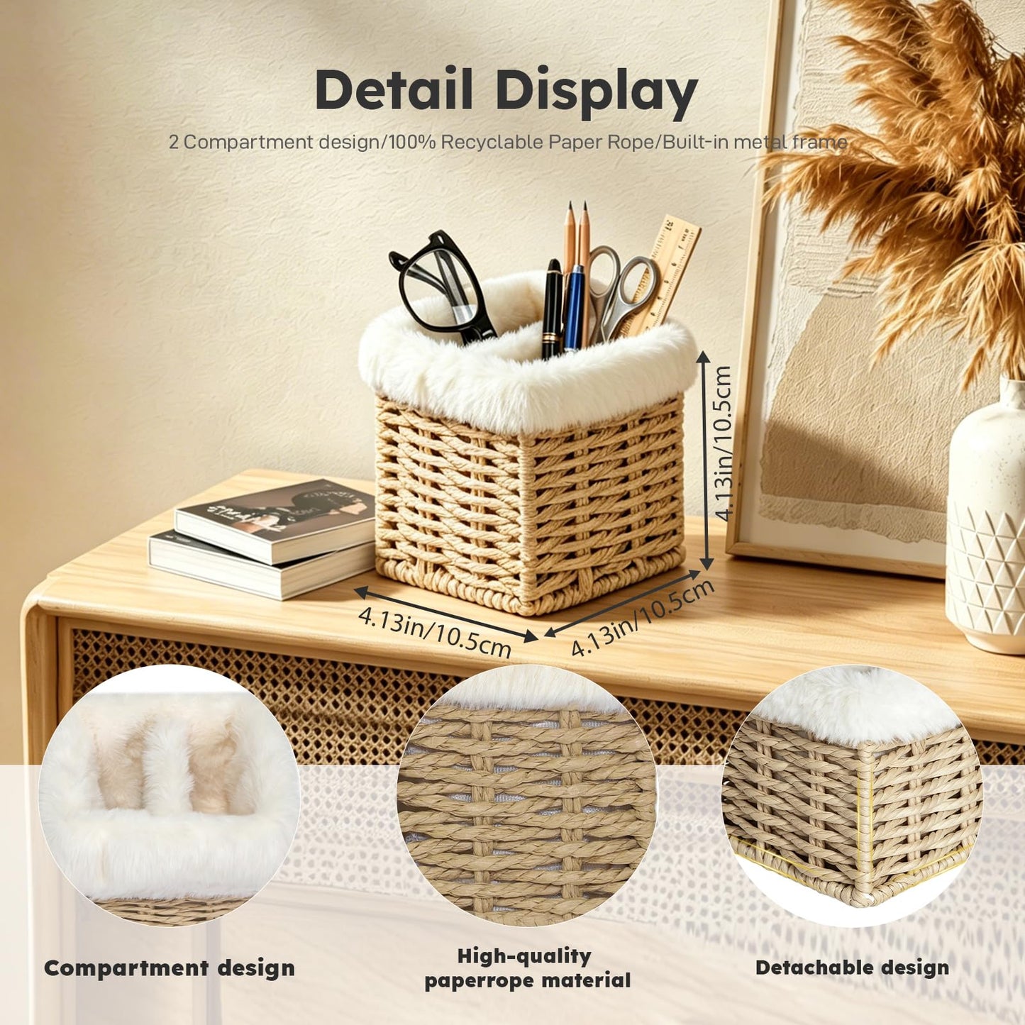 OPULANE Glasses Holder, Paper Rope Plush Lined Eyeglass Holder Stand 2 slots Eye-glasses Storage Organizer Case for Nightstand, Office Desk, Table, Bedside, Dresser and More, Beige