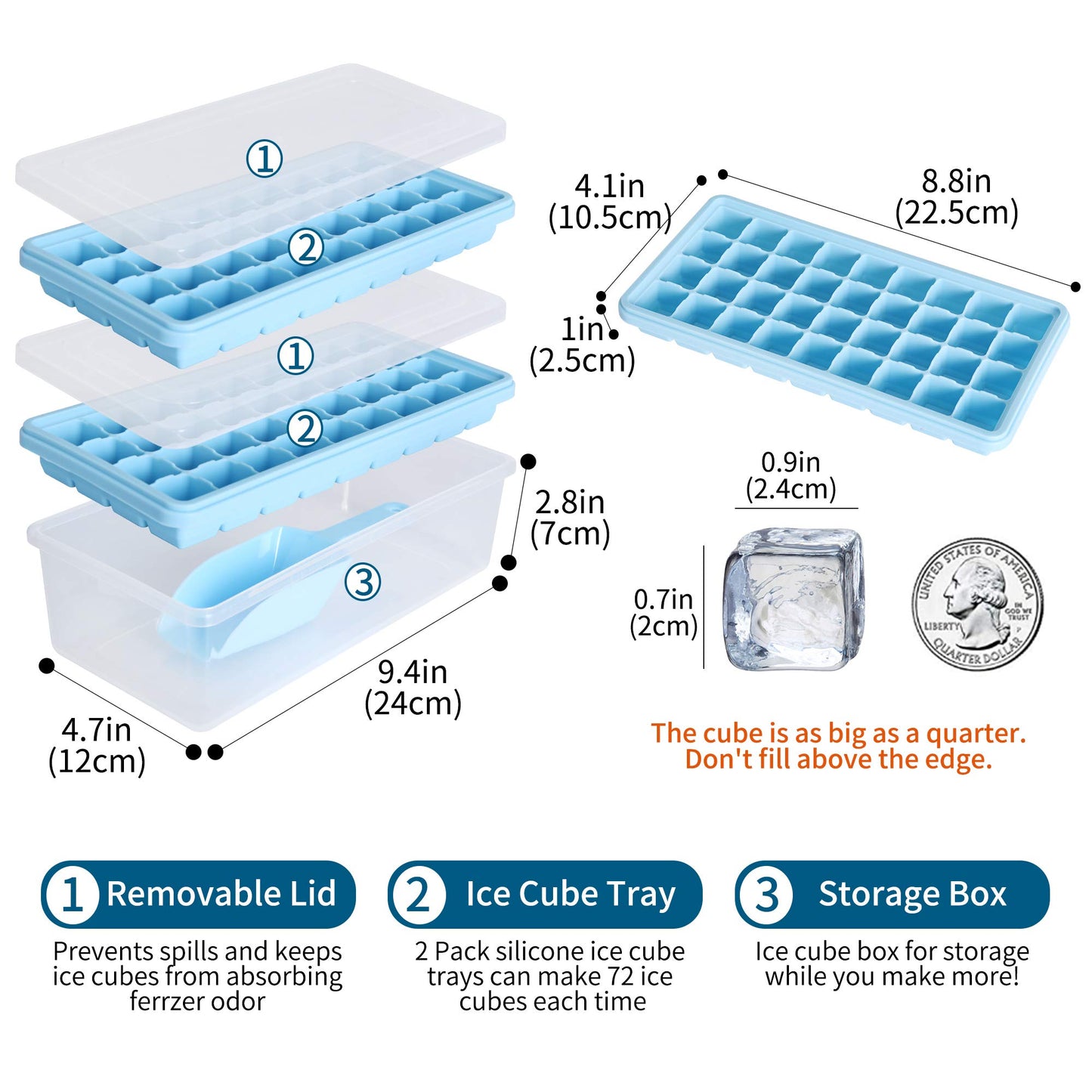Food-grade Silicone Ice Cube Tray with Lid and Storage Bin for Freezer, Easy-Release 2 * 36 Small Nugget Ice Trays 1 ice Bucket & Scoop, Flexible Ice Cube Molds with Ice Container