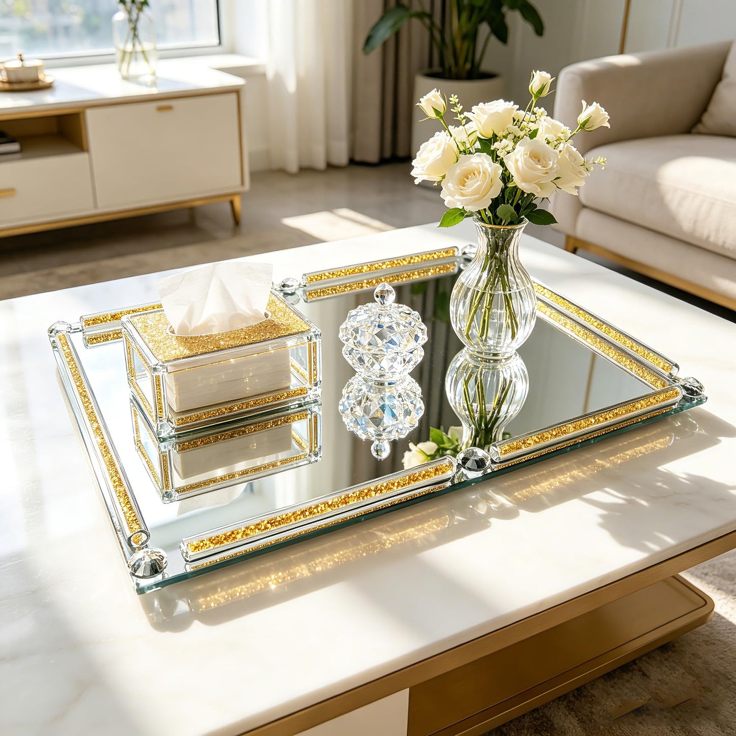 YCWF Large Mirror Perfume Tray for Dresser,Crushed Diamond Filled Glass Vanity Tray,Gold Decorative Bathroom Tray,Crystal Tray for Home Decorative,Party,Hotel Banquet,15.7x11.8x1.4inch,Gold