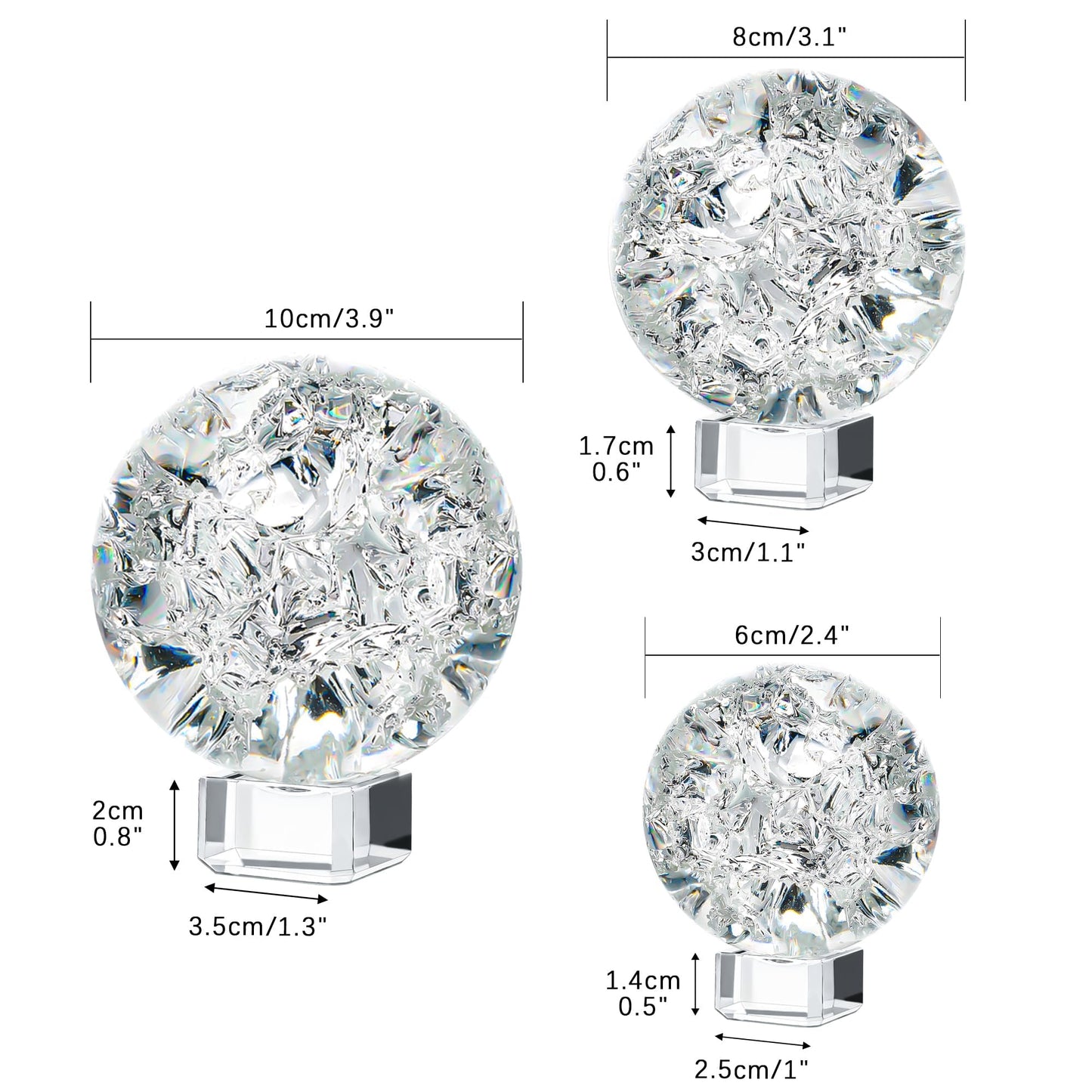 ZEERSHEE 3pcs Clear Ice Crack Glass Orb Set with Display Stands, 2.4"/3.1"/3.9" Decorative Art Spheres for Home Decor, Office Desk Accent, Bookshelf Styling and Gift Giving