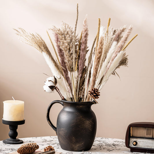 Ceramic Vase Flower Vases Home Decor - Farmhouse Rustic Vintage Decor for Living Room Kitchen Bedroom Office Desk Dining Table Fireplace Bookshelf (Black & Gold)