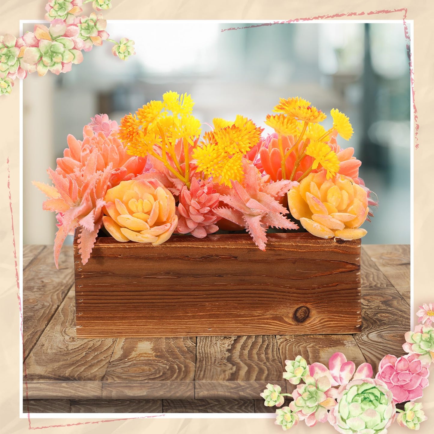 Solsew Assorted Artificial Succulent Arrangement Plants in Rustic Burnt Wood Rectangular Planter Box Faux Succulent Centerpiece for Table Home Garden Windowsill Greenery Decor(Yellow,Spark Style)