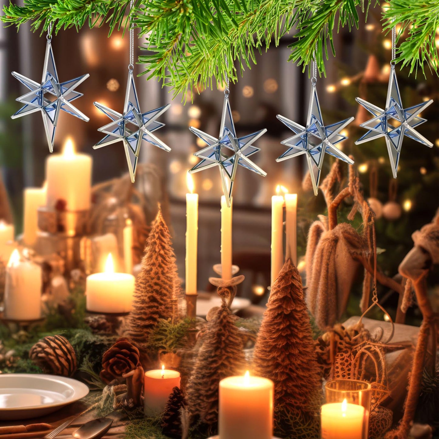 Leinuosen 6 Pcs Christmas Bethlehem Star Ornament for Christmas Tree 3.14 Inch Stained Glass Hanging Decoration 3D Xmas Tree Ornaments Home Decor Gift
