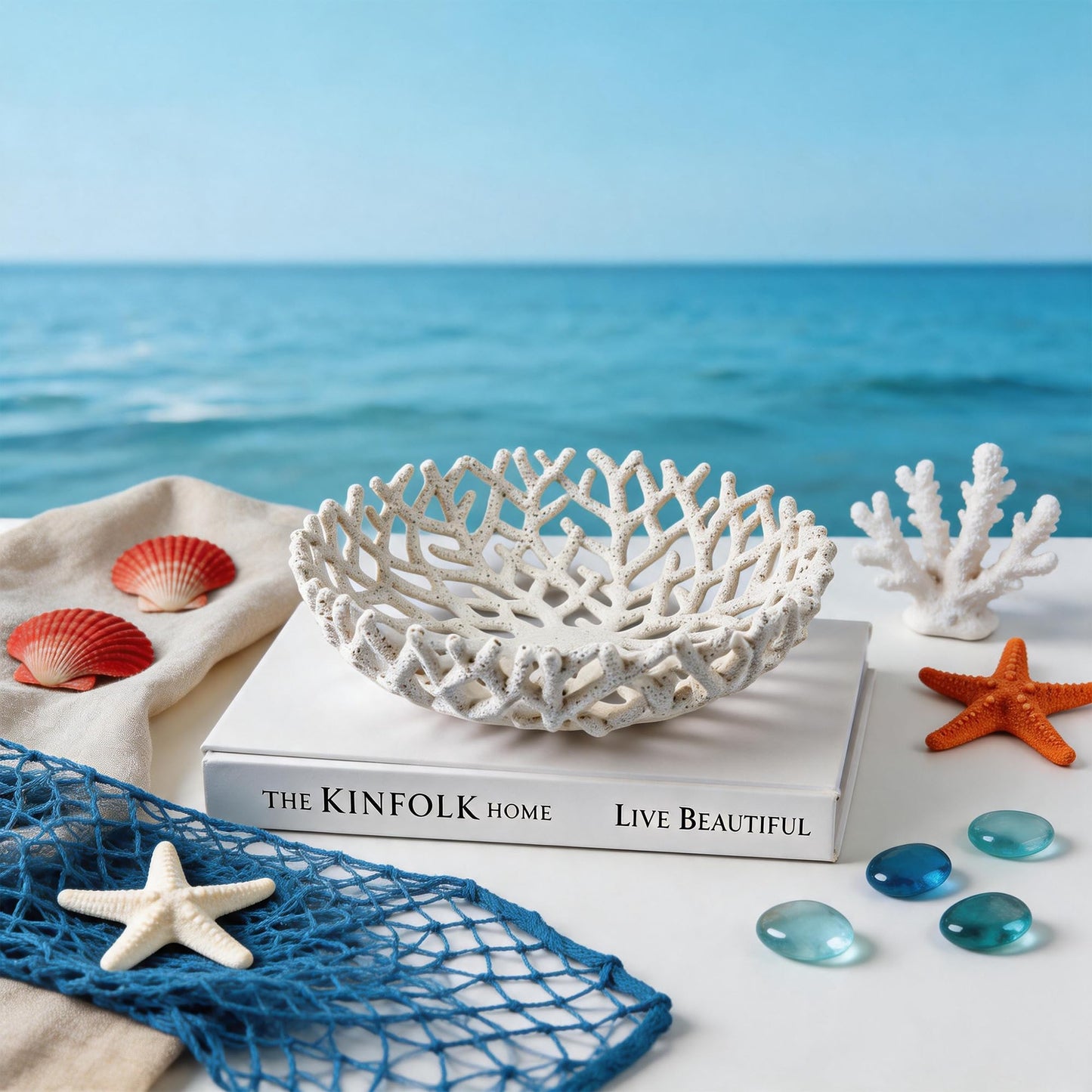 10-Inch White Resin Coral Bowl, Handcrafted Hollow Carved Coastal Art Decor