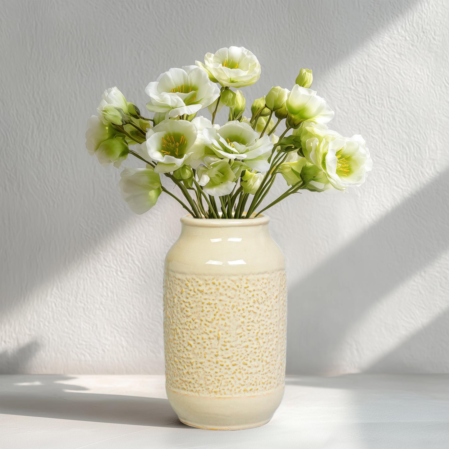 Wancetang Beige Ceramic Vase for Flowers - 9 Inch Textured Cream Vase for Pampas Grass, Modern Farmhouse Vases for Home Decor, Table Centerpiece, Shelf, and Mantle Decor