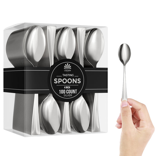 Mini Dessert Spoons - Bulk Pack of 100 Mini Silver Disposable Spoons - 4 Inch Plastic - Bpa Free - Food Safe