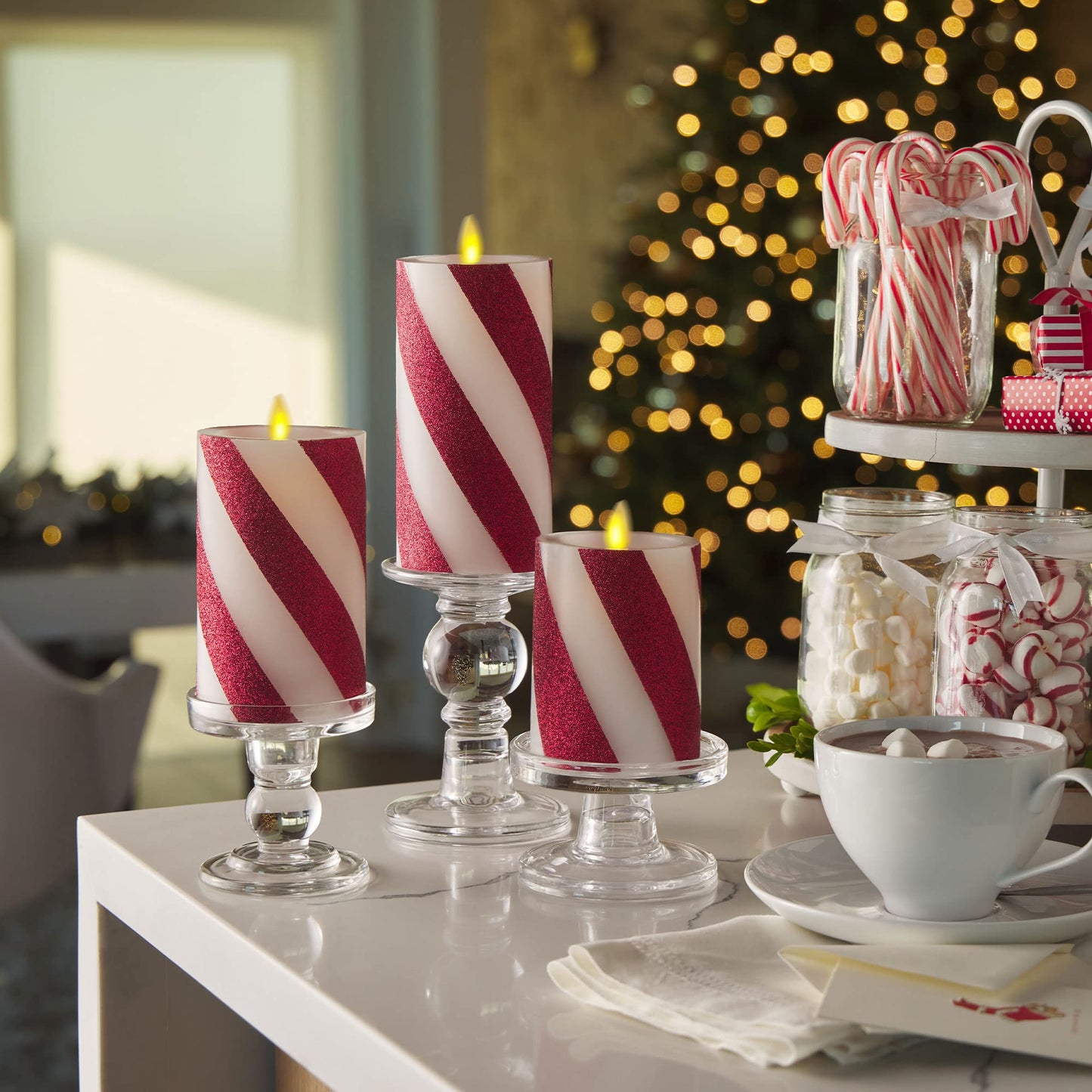 Luminara Classic Candy Cane Holiday Collection Flameless Candles, Real Wax LED Pillar, Taper and Sphere, Timer, Remote Ready