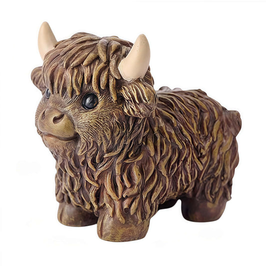 NYSCURE Nordic Cow Statue Resin Brown 4.3 Inch Highland Cow Figurine Scottish Calf Statues, Desk Bookshelf Decor Gardens Office Tiered Trays Living Room Ornament Gifts