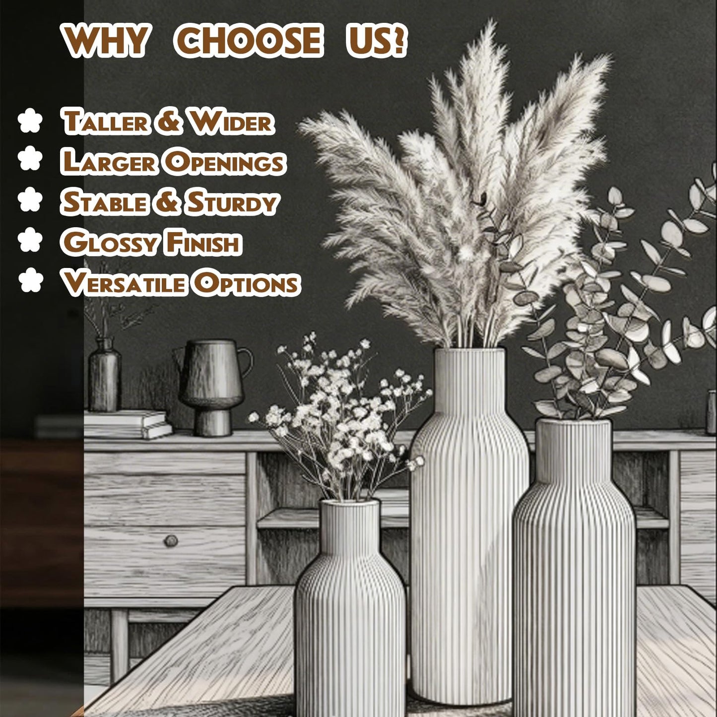 TrendEcoHome Beige Ceramic Flower Vases Set of 3, Modern Smooth Ribbed Texture, Nordic Minimalist Decor for Pampas, Dried & Fresh Flowers, Centerpiece for Living Room, Shelf, Entryway, Wedding