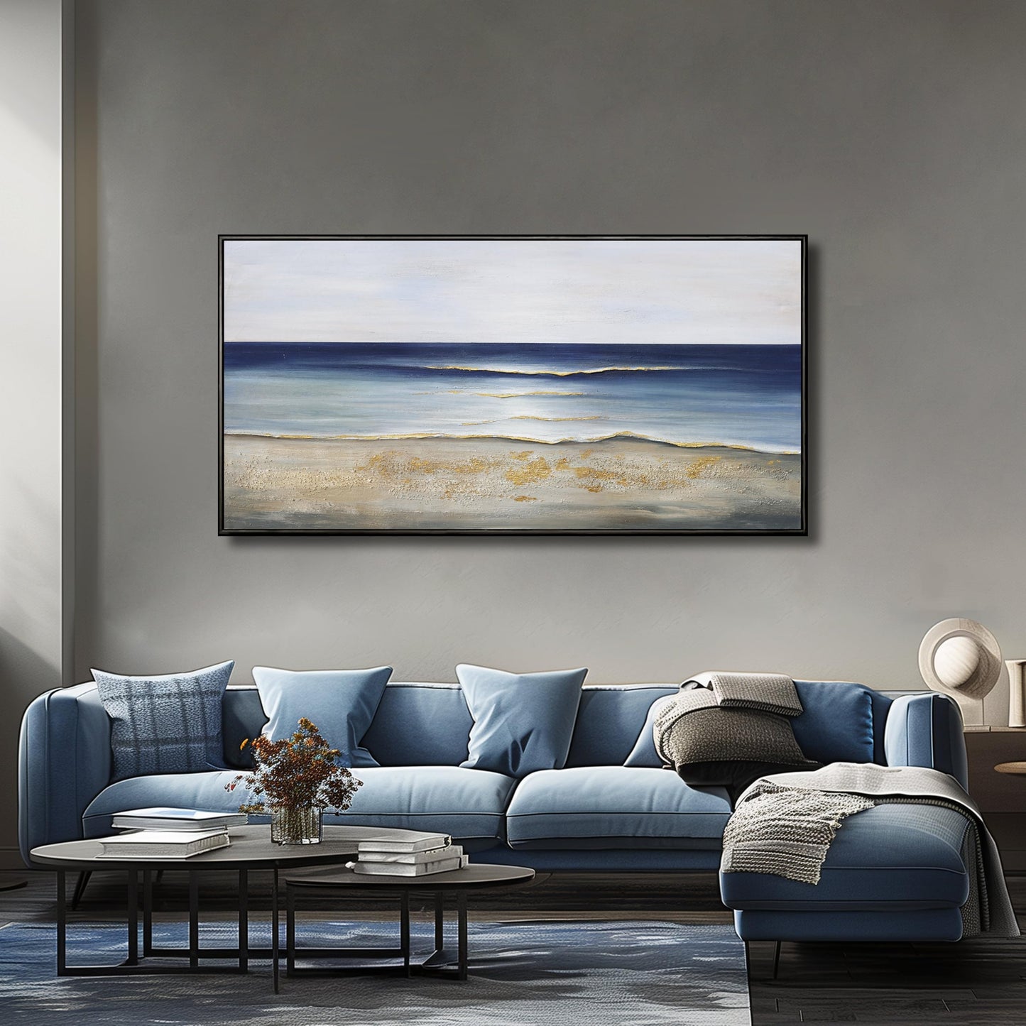 Yuaxker Ocean Wall Art Large Framed Wall Decor Blue and Gold Artwork Room Decor Aesthetic for Living Room Bedroom Dining Room Office Home Decor 30x60 Inch