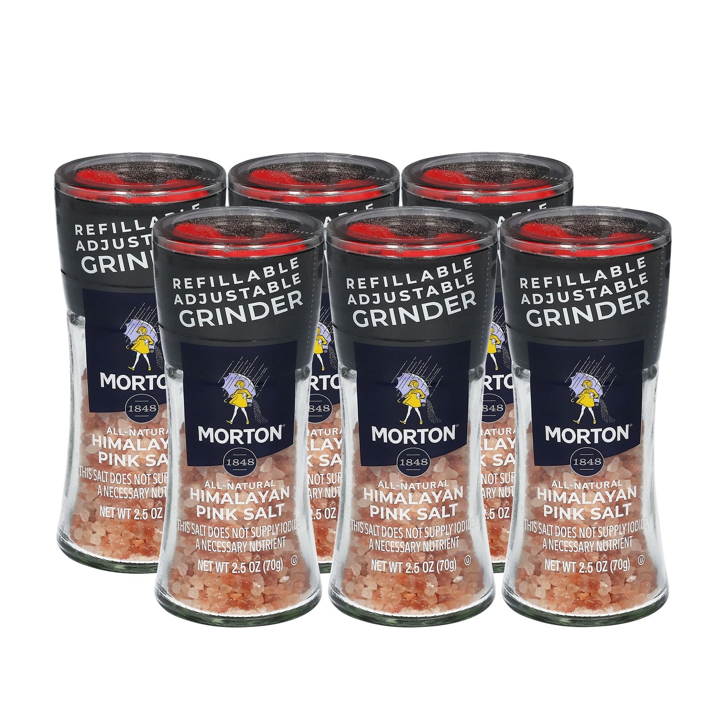 Morton Himalayan Pink Salt, Grinder (2.5 oz), 6-Pack, Refillable & Adjustable, All-Natural, Perfect for Cooking, Seasoning, and Finishing
