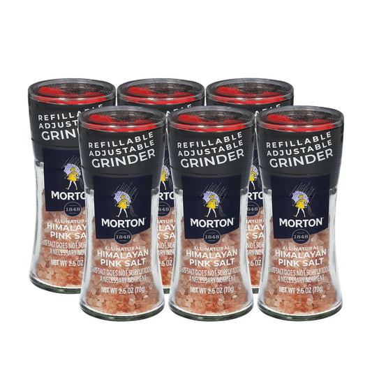 Morton Himalayan Pink Salt, Grinder (2.5 oz), 6-Pack, Refillable & Adjustable, All-Natural, Perfect for Cooking, Seasoning, and Finishing