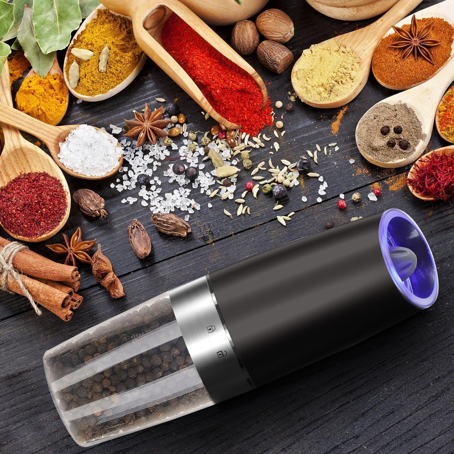 Gravity Electric Salt and Pepper Grinder Set Automatic Salt and Pepper Grinder Set with LED Light, Battery Operated, Adjustable Coarseness, Large Capacity, for Home Kitchen BBQ (Black 2 Pack)