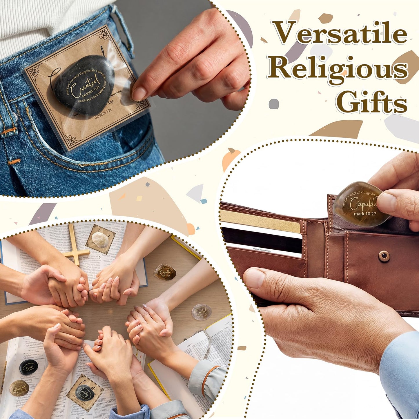 Geelin 24 Sets Inspirational Christian Gift Bible Verse Scripture Stones with Religious Card Rocks Engraved Stones with Prayer Word Grandparent Day Gift for Women Men Church Clergy Pastor (Elegant)