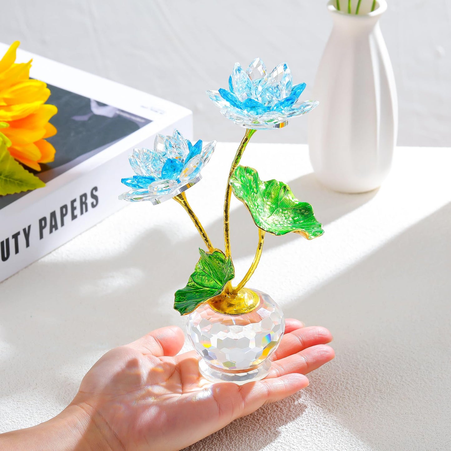 YWHL Blue Crystal Lotus Flower Figurine with Vase, Handmade Lotus Gifts Bouquet for Women on Birthday Christmas Mother's Day, Glass Lotus Flower Home Party Office Decor