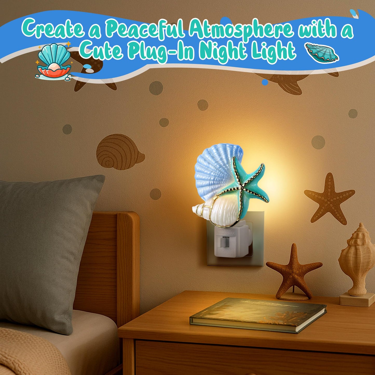 Hohean Seashell Night Light, Beach Night Light Plug into Wall with Manual On/Off Switch, LED Energy-Saving Lamps, 360° Swivel Plug, Beach Decor Coastal Decor for Bedroom Bathroom(Starfish)