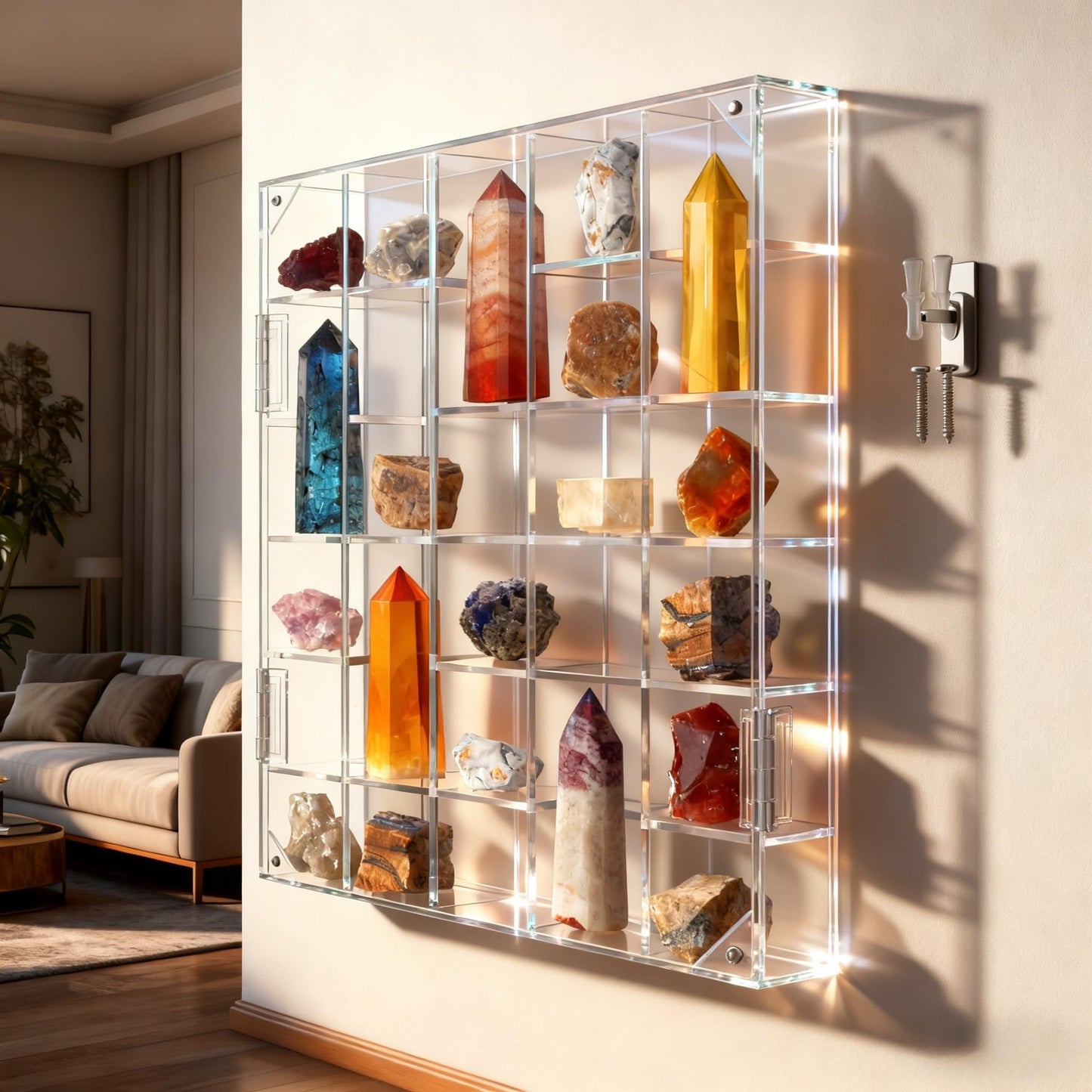 Adjustable Rock Display Case Clear Acrylic Collection Box with Mirrored Arrowhead Stones Storage Display Case Mineral Crystal Collectibles Holder Organizer Showcase Shelves with Lid