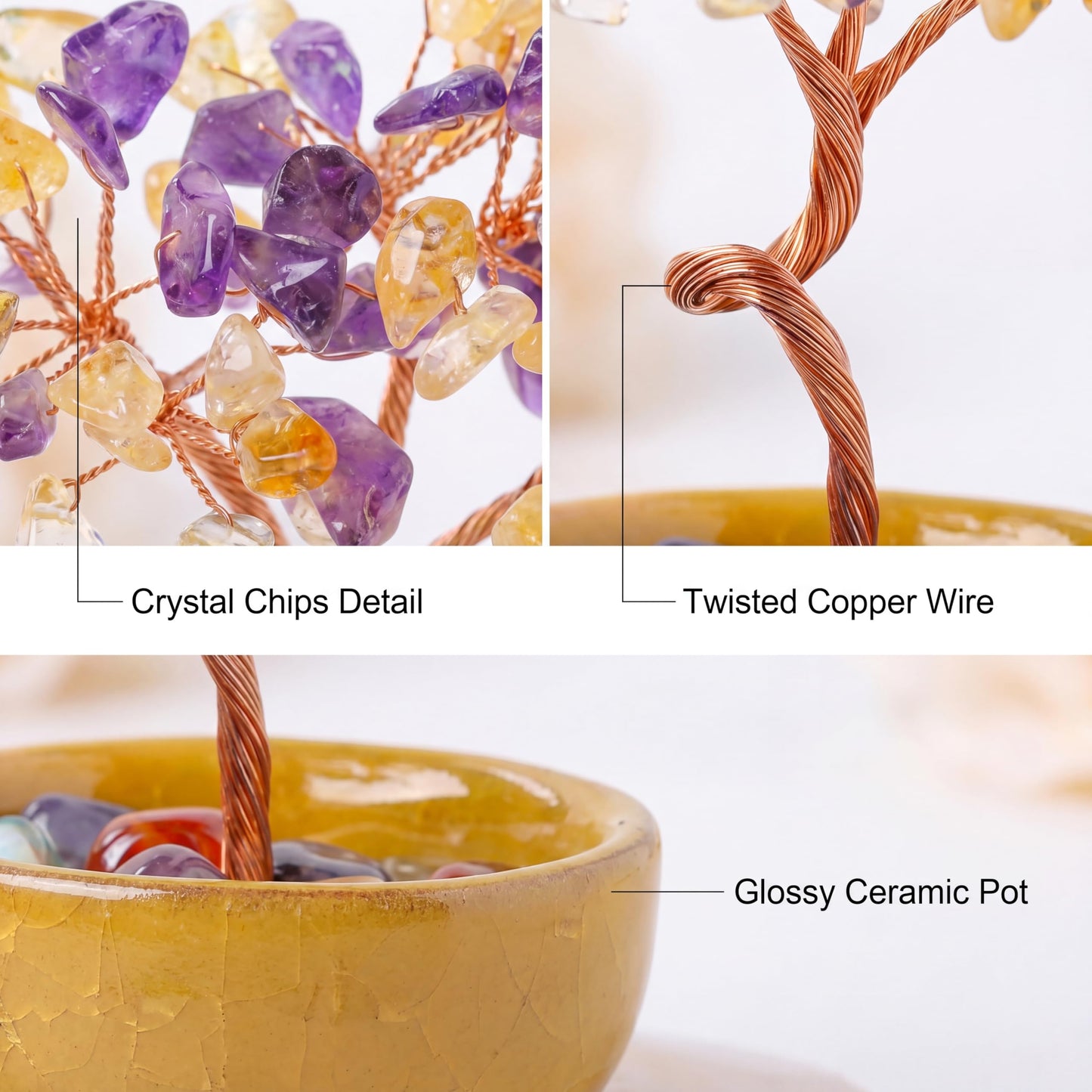 Handmade Crystal Money Tree Feng Shui Bonsai, Gemstone Tree of Life Healing Crystals Wealth Prosperity Decor for Home Office, Perfect Spiritual Gift (Yellow Purple)