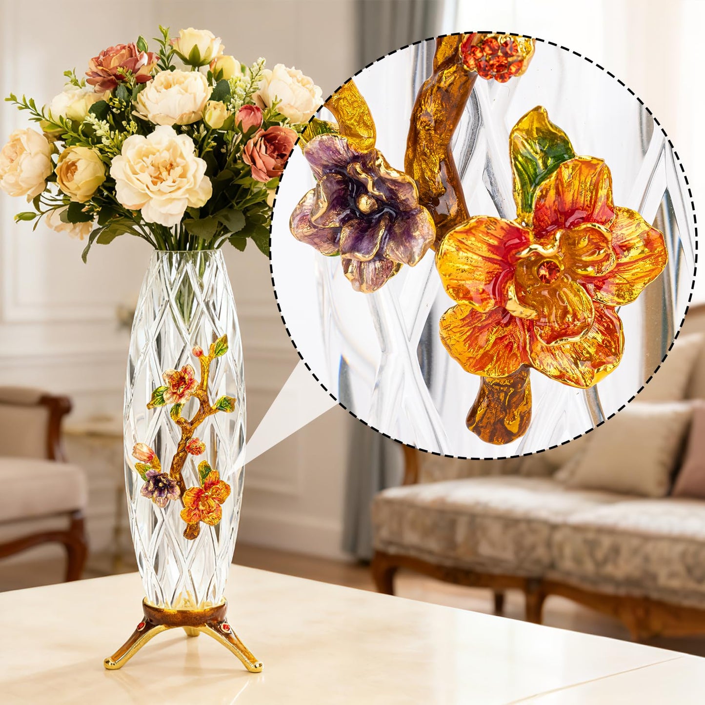 Handcrafted Enamel Crystal Glass Vase | 10-Inch Decorative Begonia Flower Vase for Home, Wedding, and Gift