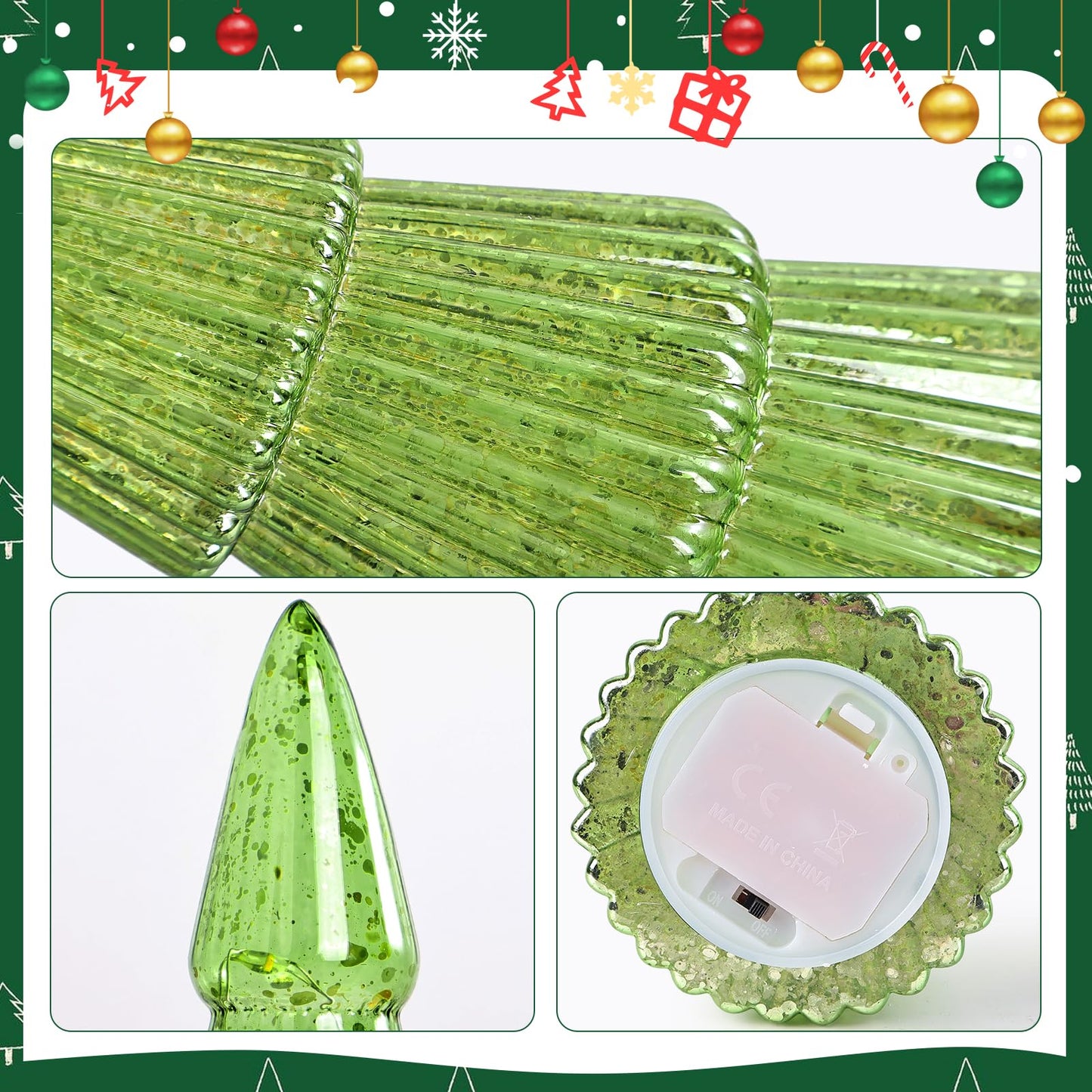 Pawliss Glass Christmas Tree Figures: 3pcs Green Artificial Glass Tree Tabletop Centerpiece Figurines, Crystal Finish Tree Table Ornaments, Classic Gifts for Winter Christmas Decorations for The Home