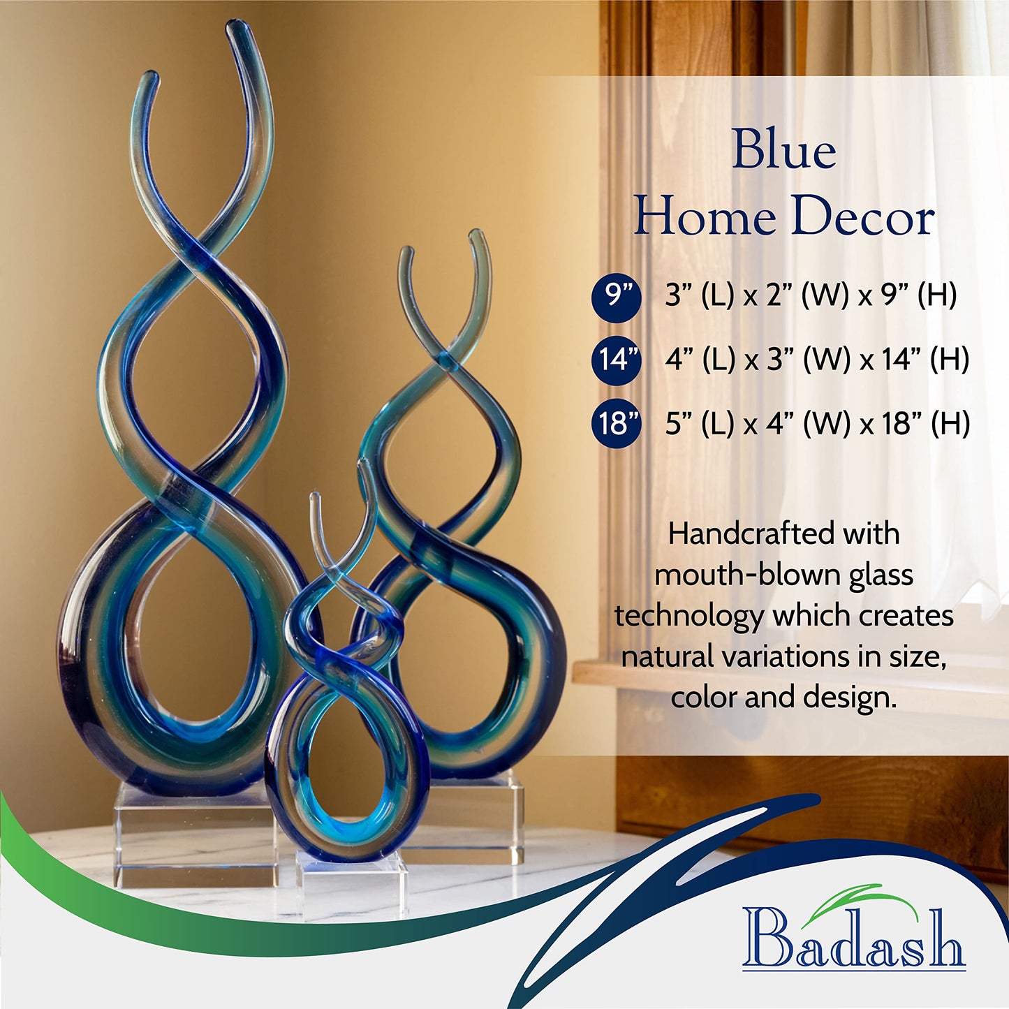 Badash Touch of the Blues Murano-Style Art Glass Sculpture, 18 Inch