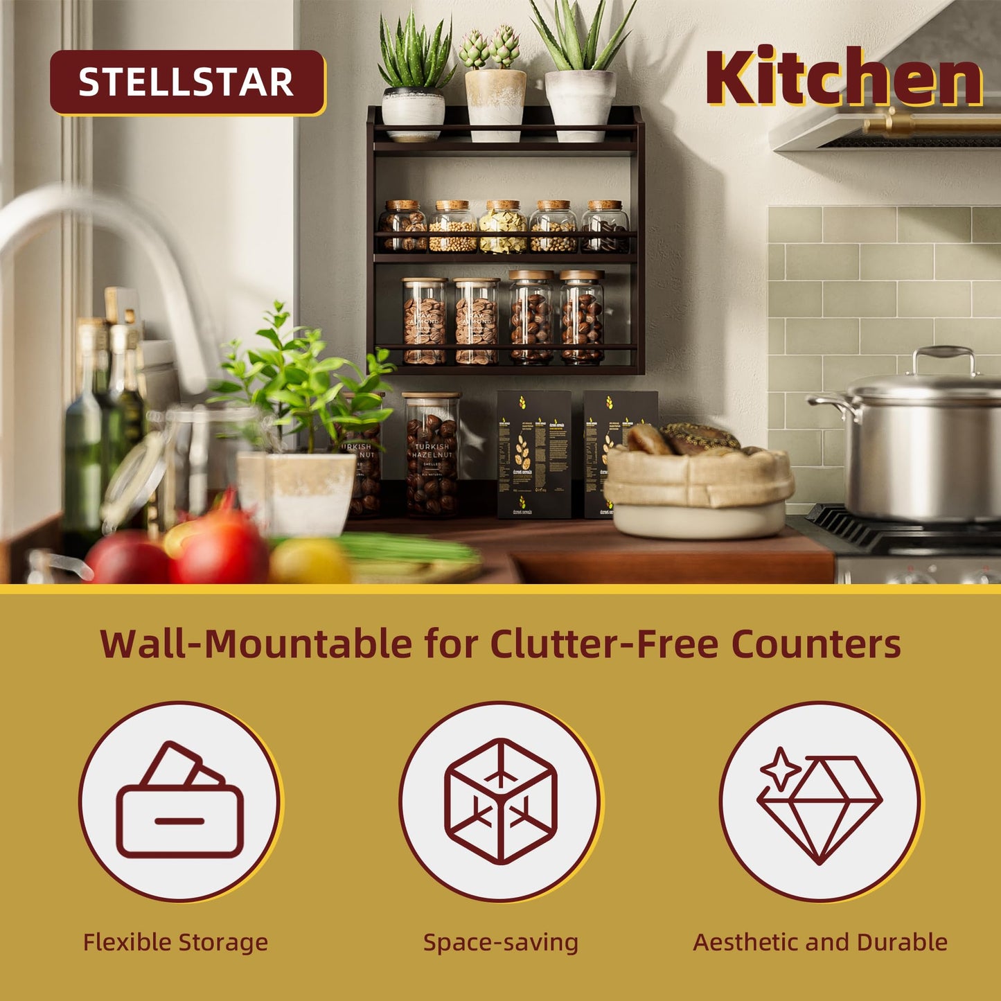 STELLSTAR 3 Tier Bamboo Wood Spice Rack, Seasoning Bottles Jars Organizer Shelf for Spices or Craft Supplies, Kitchen Counter or Wall Mounting (Brown)