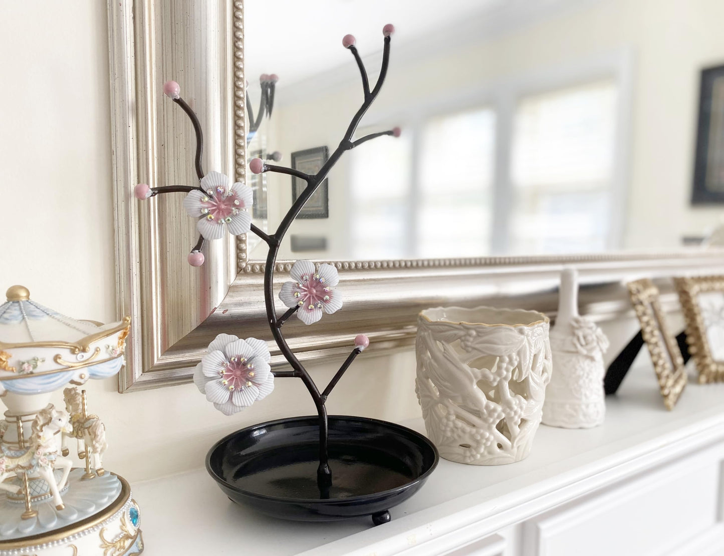 Chez JuJu White & Pink Orchid Blooms Jewelry Display Stand | Faux Crystal Décor Black Tray | Tree Tower Rack Hanging Organizer for Rings Earrings Necklaces Bracelets | Holder Organizer Storage