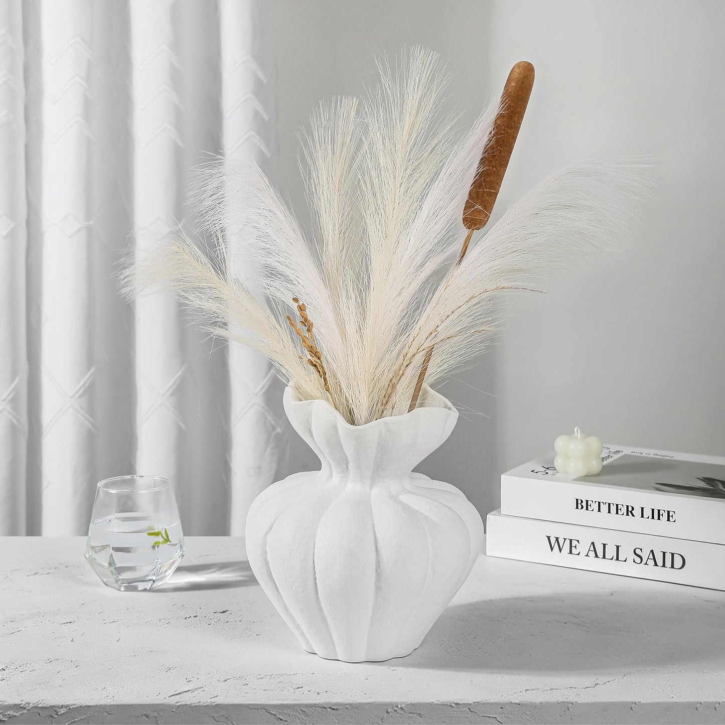 White Ceramic Vase, 8.3in Modern Boho Farmhouse Retro Art Table Centerpiece for Living Room Cabinet Dried & Fresh Flower Arrangement Decorations